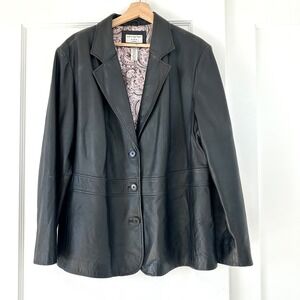 Vintage Covington Woman Black Genuine Leather Blazer Jacket Paisley Lining L-XL